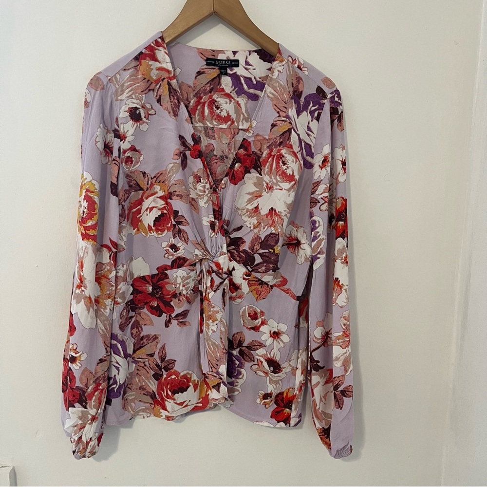 Guess Floral Wrap Blouse - Lavender and Burgundy